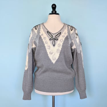 Vintage 80s Gray Beaded V-Neck Sweater, 1980s Embellished Long Sleeve Jumper 