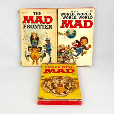 Lot of 3 MAD Books from mid-1960s - Three Ring MAD, The MAD Frontier, It's a World, World, World, World Mad - Vintage Magazine Humor Book 