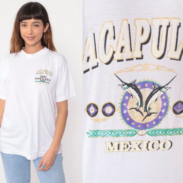 90s Acapulco Shirt Mexico Swordfish Tshirt Vintage Fishing Nautical Anchor Retro T Shirt Tee 1990s Graphic Print White Extra Large xl 