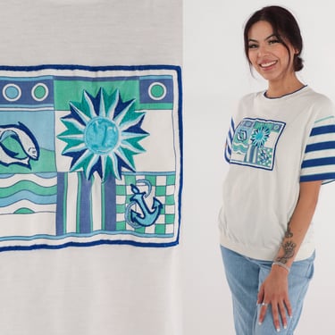 Nautical Shirt 90s Top Embroidered Anchor Fish Sun T-Shirt Abstract Checkered Graphic Tee Striped White Navy Blue Vintage 1990s Medium M 