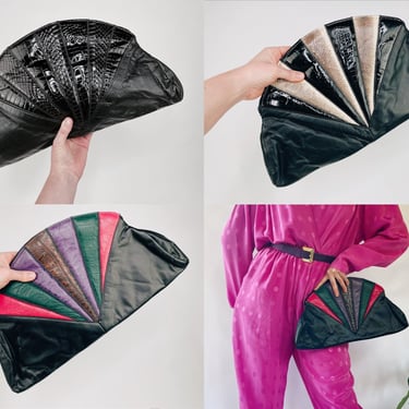 1980s 'La Bon Bag by Pierre Mishael' Multi Color / Black Leather / Patent / Snake / Large Fan Shape Clutch / Purse / Shoulder 