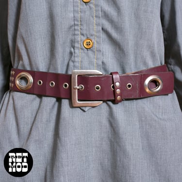 Vintage 70s Grape Burgundy Leather Belt with Silver Grommets 