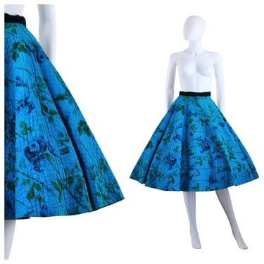 1950s Cerulean Blue Rose Quilted Full Skirt - 1950s Blue Fit & Flare Skirt - 1950s Rose Print Skirt - 1950s Quilted Skirt | Size Medium 