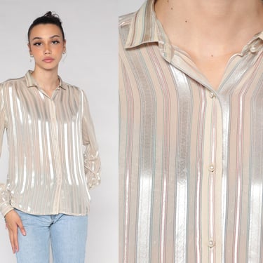 80s Blouse Shiny Silver Semi Sheer Striped Button Up Shirt Collared Long Sleeve Top Silky Secretary Retro Preppy Vintage 1980s Medium M 