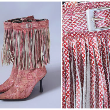 Vintage Y2K BEBE Pink Faux Snake Skin Boots with Removeable Fringe Trim Shoes | retro 90s 1990S 2000s | 