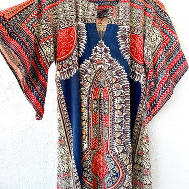 Vintage 70s Indian Hippie Boho Caftan 1970s Angel Bell Sleeves Batik Dress Beach Swimsuit Cover Up Lounge Wear 