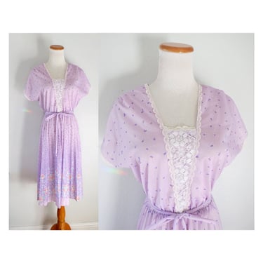 Vintage 70s Floral Dress - Sheer Pastel Purple Midi Boho Dress - Size Medium 