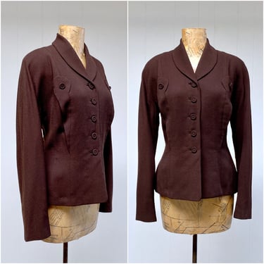 Vintage 1950s Dark Brown Wool Hourglass Jacket, Post War Volup Girl Friday Blazer with Shawl Collar, 42