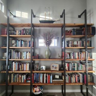 Farmhouse Shelving Unit, Custom Wall Shelving made of reclaimed wood and square steel tube.  Choose size and wood finish. 