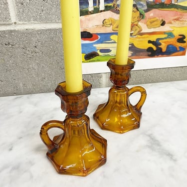 Vintage Candlestick Holders Retro 1970s Fenton + Amber Glass + Set of 2 Matching + Finger Loop + Candle Holder + Home and Table Decor 