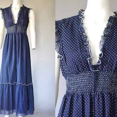 1970s Swiss Dot Print Tiered Maxi Dress - Vintage Long Ruffle Sleeve 70s Dress - Medium 