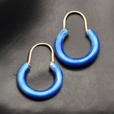 60's gilded 925 silver blue guilloche hoops, simple vibrant enamel sterling vermeil earrings 