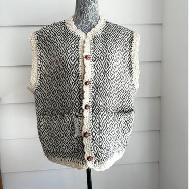 Vintage 1970s Wool Oversized Vest with Wooden Buttons Boho Cottage Festival 