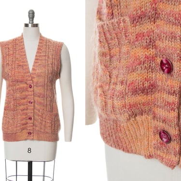 Vintage 1970s Sweater Vest | 70s Space Dye Knit Wool Pink Orange Sleeveless Button Up Top (small/medium) 