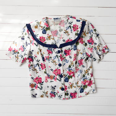 cute cottagecore blouse | 80s 90s vintage white pink blue floral polka dot sailor collar cropped blouse 