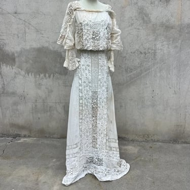 Antique Edwardian White Cotton Mixed Lace Needle Eyelet Embroidery Dress Lovely