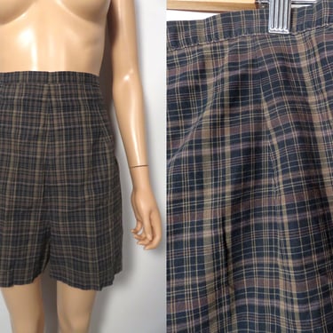 Vintage 60s Dark Plaid High Waist Cotton Side Metal Zipper Shorts With Adjustable Waist Size 27-29 