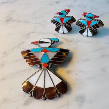 Vintage Zuni Thunderbird Turquoise Set Brooch Earrings Clip Navajo Sterling 