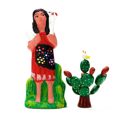 VINTAGE: Mexican Folk Art Rustic Pottery Figurine - Native Lady Caring a Sheep - Heavy Handmade Ceramic - SKU 24-B-00013726 