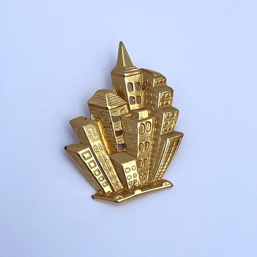 Building Pin, Building Brooch, Gold Buildings Accessory, Vintage Building Jewelry, 3D Brooch, City Scape Brooch 