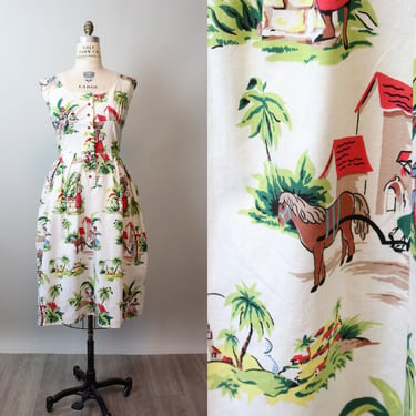 1950s NOVELTY PRINT tropical COTTON dress large | new spring 