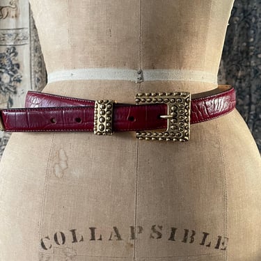 Vintage ‘80s ‘90s Dana Buchman red leather belt | made in Italy, gold buckle, M/L 