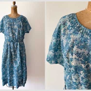 True vintage 1950’s ‘60s blue floral print day dress | handmade blue floral dress, semi sheer Spring dress, M or L 