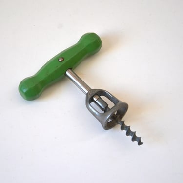 Vintage A&J Wooden Handle Corkscrew Wine Opener, Made in USA, circa 1940s 