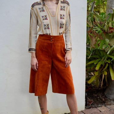 70s Leather Gaucho Pants / Copper Brown Suede Leather Pants / Seventies High Waist Gauchos / High Waist Trousers / High Waters 