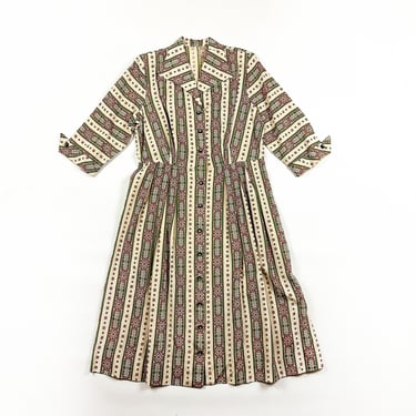 Vintage 1940s 1950s Floral Stripe Day Dress / Cotton / Fit and Flare / Shirtdress / New Look / Circle Skirt / Green and Pink / Rhinestones L 