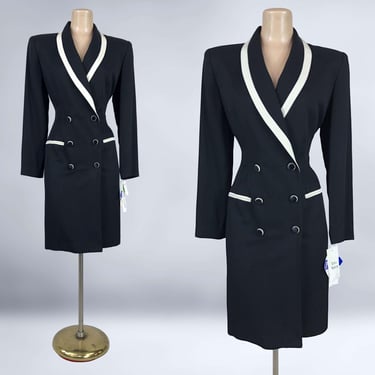 VINTAGE 80s Black and Cream Double Breasted Suit Coat Dress by Danny & Nicole 10 NWT | 1980s Career Workwear Office Dress | VFG 