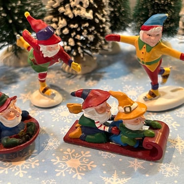 Department 56 sledding elves Santa's helpers testing the toys mini diorama village lot 
