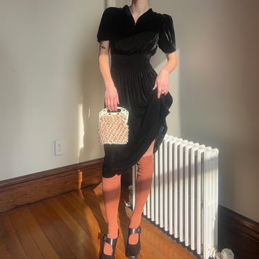 Late 1930’s vintage black velvet silk ruched dress 