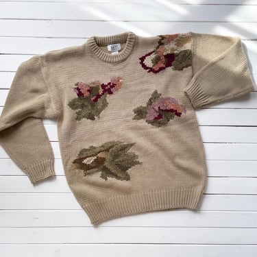 brown floral sweater 80s 90s vintage beige pink chenille sweater 