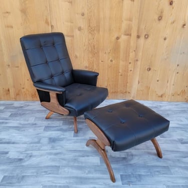 Mid Century Modern Heywood Wakefield Style Walnut Swivel Rocking Lounge Chair & Ottoman Newly Upholstered in "Black-Beauty" Button Tufted Italian Leather and Cowhide