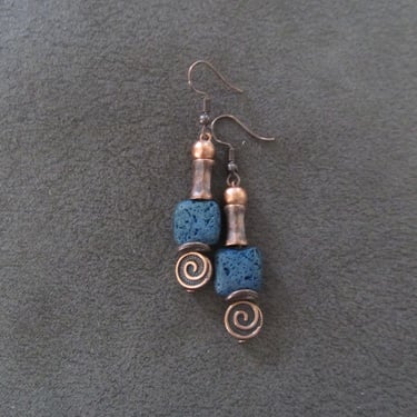 Teal lava rock and copper mid century modern earrings 