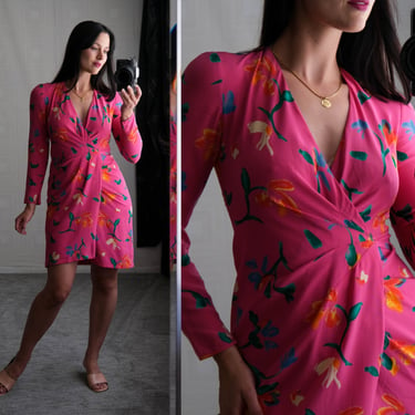 Vintage 90s Emanuel Ungaro Paralelle Paris Pink Silk Wrap Dress w/ Vibrant Flower Print | Made in Italy | 100% Silk | 1990s Designer Dress 