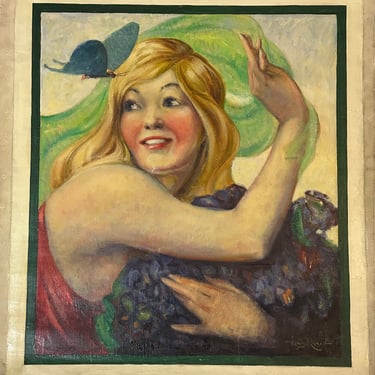 Early 1900s Painting of Woman and Butterfly by Louis E. Rasch - Minnesota Artist - Illustration Art - Art Deco Paintings - Unstretched 