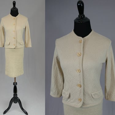 Early 60s Knit Skirt Suit - Koret of California - Light Beige - Textured - Vintage 1960s - XS S 