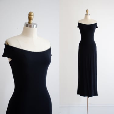 long black dress 90s y2k vintage Scott McClintock Gunne Sax minimalist tight black off shoulder floor length gown 