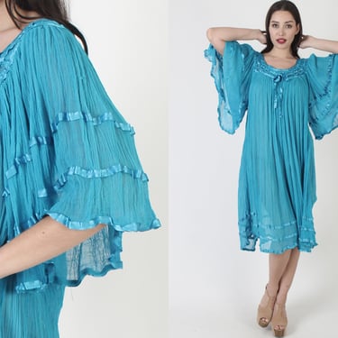 Teal Angel Sleeve Gauze Dress / Thin Big Lightweight Cotton Cover Up / Crochet Kimono Festival Grecian Midi Sundress 