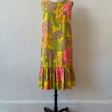 Vintage 1960s Sleeveless Macro Floral Mod Dress W/ Belt M/L