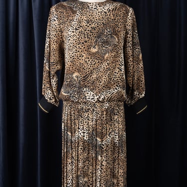 Vintage 1980s R.E.O. Originals Leopard Cheetah Print Blouson Top and Pleated Skirt Set 