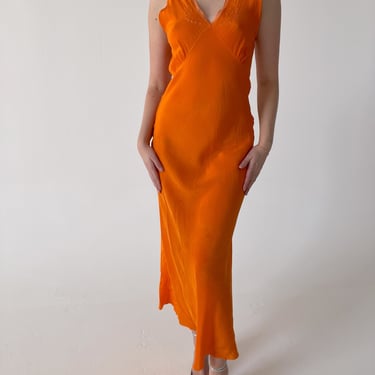 Hand Dyed Orange Silk Slip with Dainty Embroidery