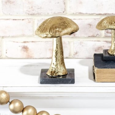 Gold Mushroom On Marble Base, modern nursery decor, marble shelf decor, fall seasonal decor, modern office decor, gold home accents 
