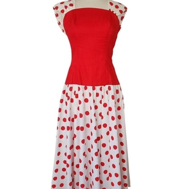 Vintage 80s Polka Dot Print Dress Red White Leslie Lucks 