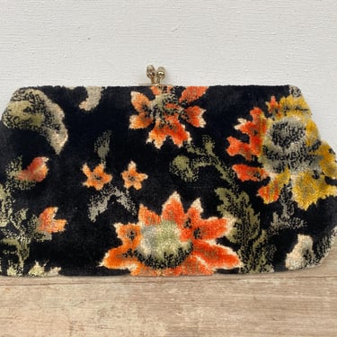 Vintage Tapestry Clutch Purse Floral Design Carpet Bag Chain Strap, Black Orange Floral, Tufted Chenille Tapestry 