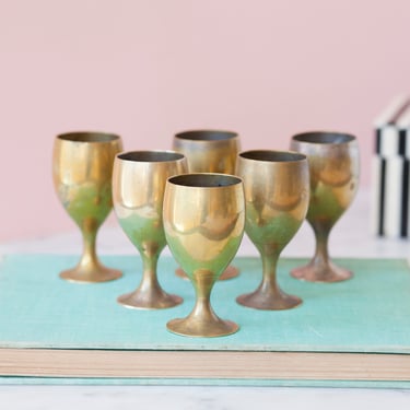 Mini Brass Wine Goblets - Brass Shot Glasses - Petite Vintage Brass Cups - Set of Six Tiny Goblets - Metal Glassware - Eclectic Shelf Decor 
