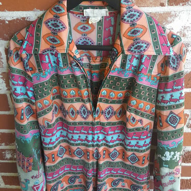 Vintage 70s Novelty Print Jumpsuit / Pointed Collar /Jersey Fabric / sz S 