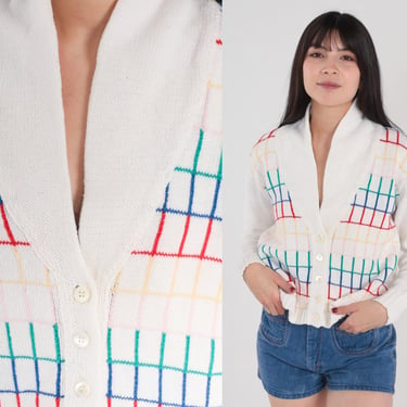 White Checkered Cardigan 80s Button Up Knit Sweater Retro Colorful Linen Cotton Knitwear Red Blue Green Pink Yellow Vintage 1980s Medium 